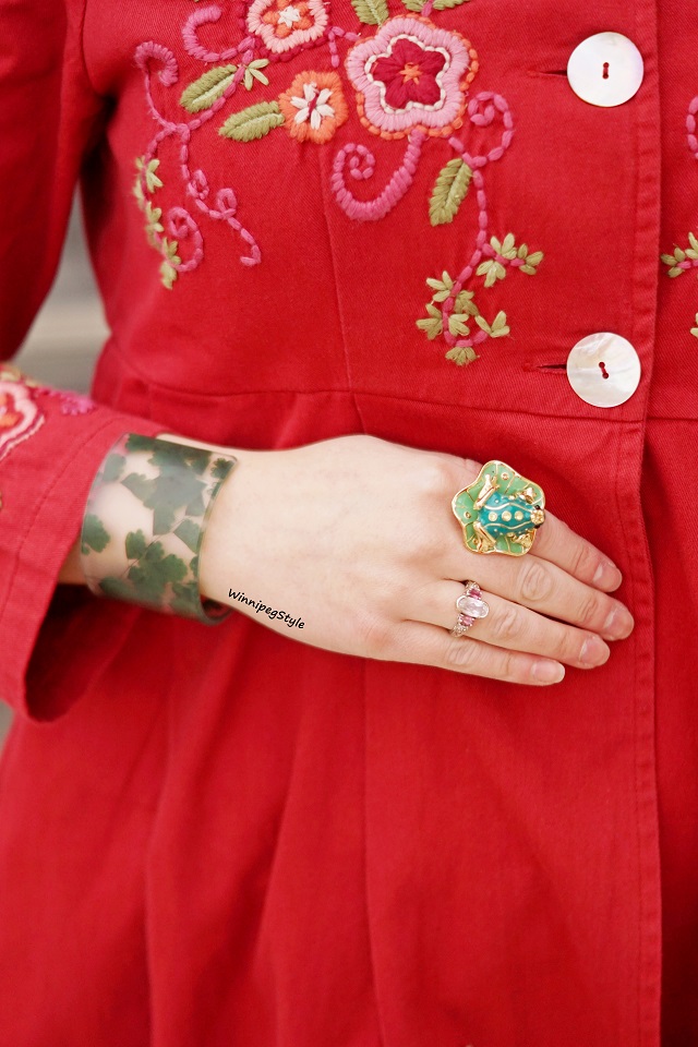 Winnipeg Style Canadian fashion stylist blog, April Cornell Spring 2019 Favorite jacket embroidered red cotton coat, vintage style, Icing frog lily pad enamel ring, dconstruct eco friendly resin clover leaf bangle cuff bracelet